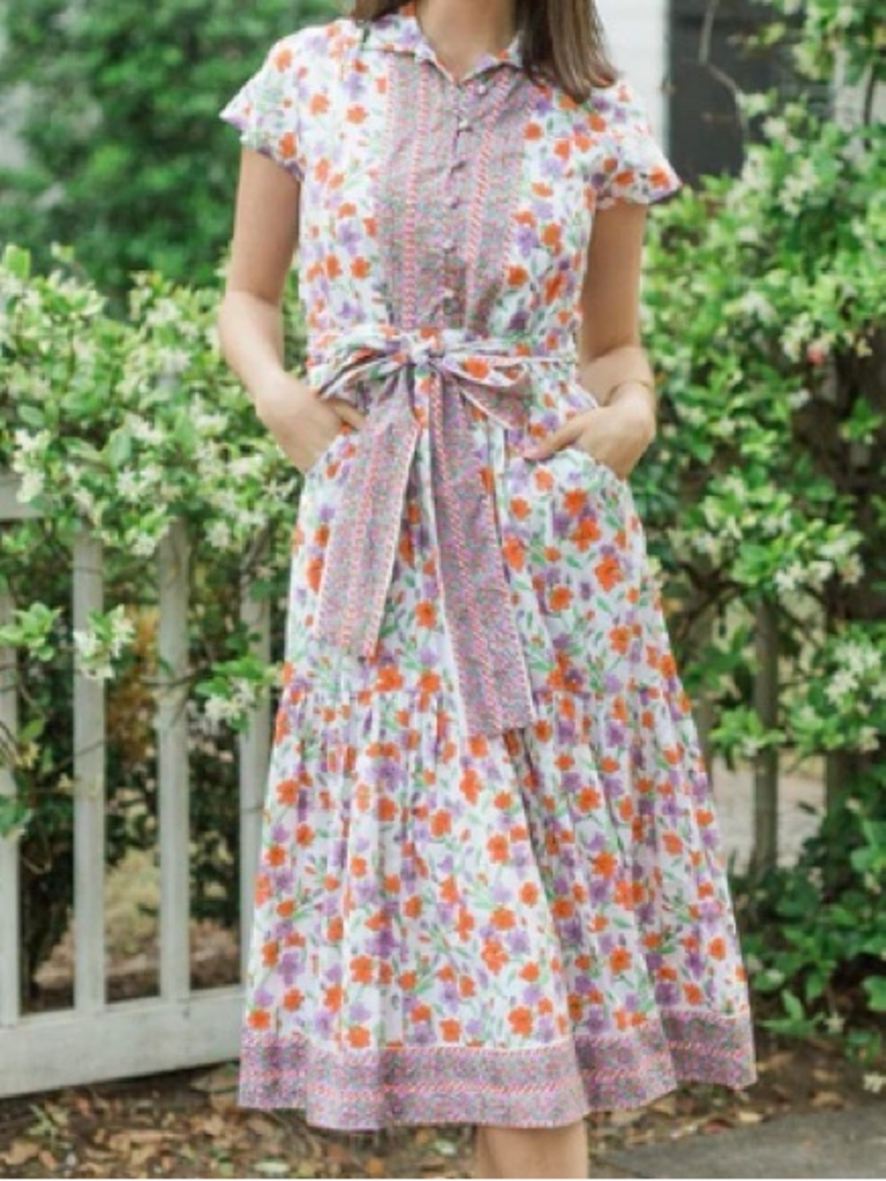 Victoria Dunn White Floral Tie-Waist Midi Dress with Orange & Purple Flowers